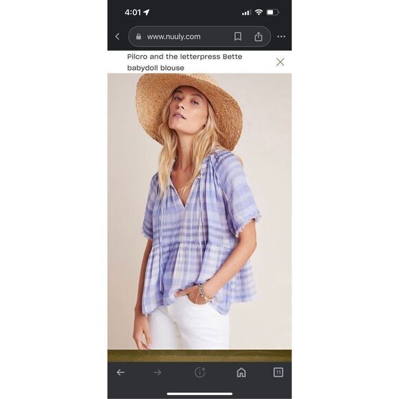 Pilcro and the Letterpress Anthropologie Bette Babydoll Purple Plaid Blouse Medi - Picture 1 of 6